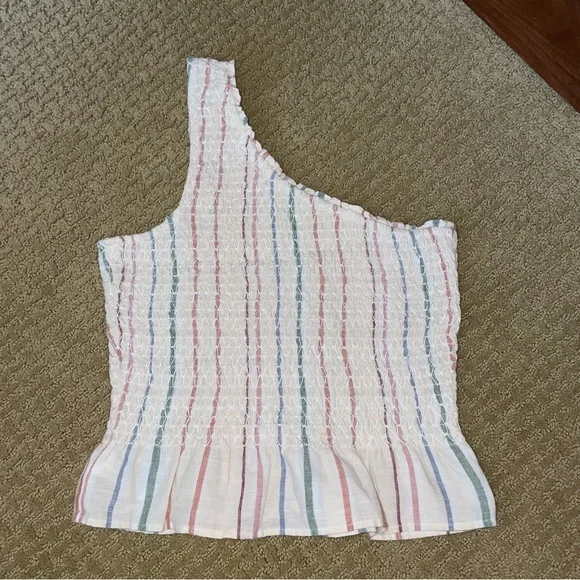 American Eagle AE Smocked One Shoulder Top in Cream - Picture 4 of 7